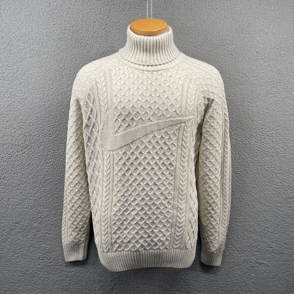 NWT Nike Life Mens Cable Knit Turtleneck Sweater Off White Chunky Relaxed Large - Picture 2 of 11